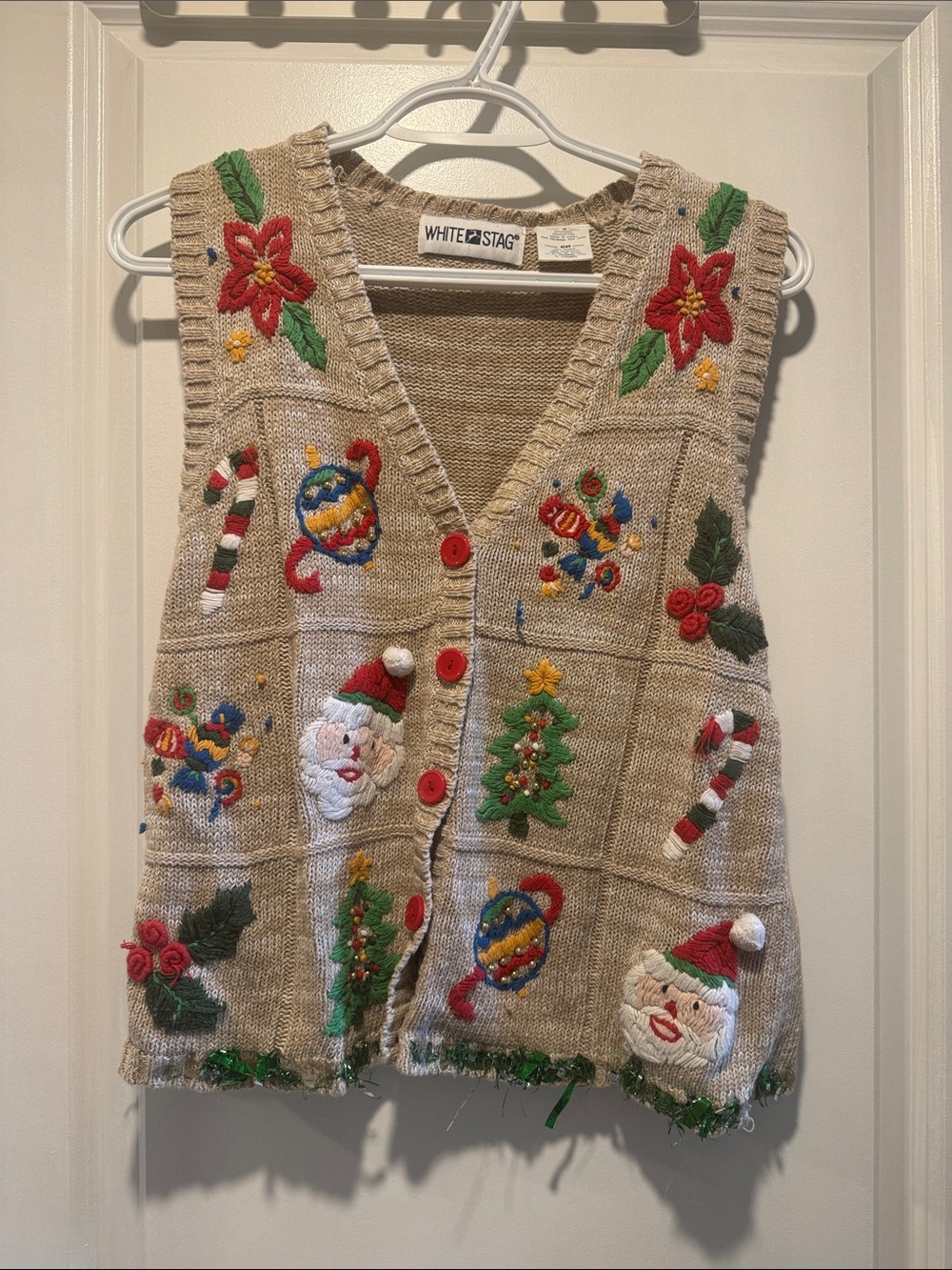 White Stag Beige Holiday Embroidered Vest with Red Buttons